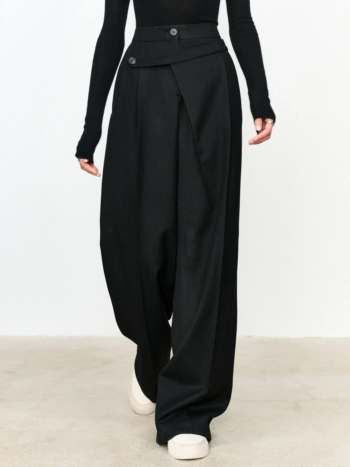 Asymmetric Layer Button Straight Leg Dress Pants