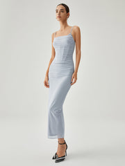 Ribbed Draped Slit Mesh Tank Long Dress