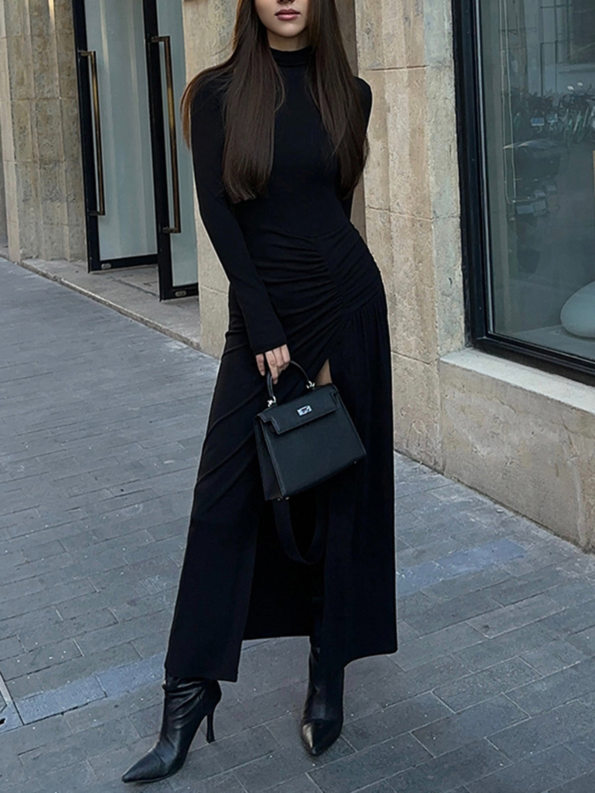 Slit Pleated Long Sleeve Bodycon Mock Neck Long Dress