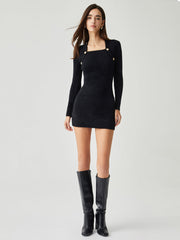 Button Detail Long Sleeve Ribbed Knit Short Sweater Dress