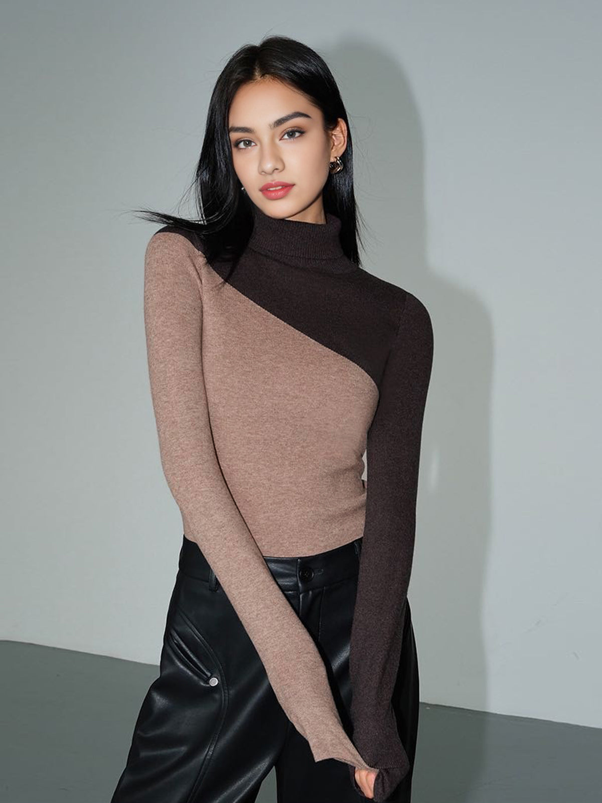 Asymmetric Patchwork Long Sleeve Mock Neck Knit Top