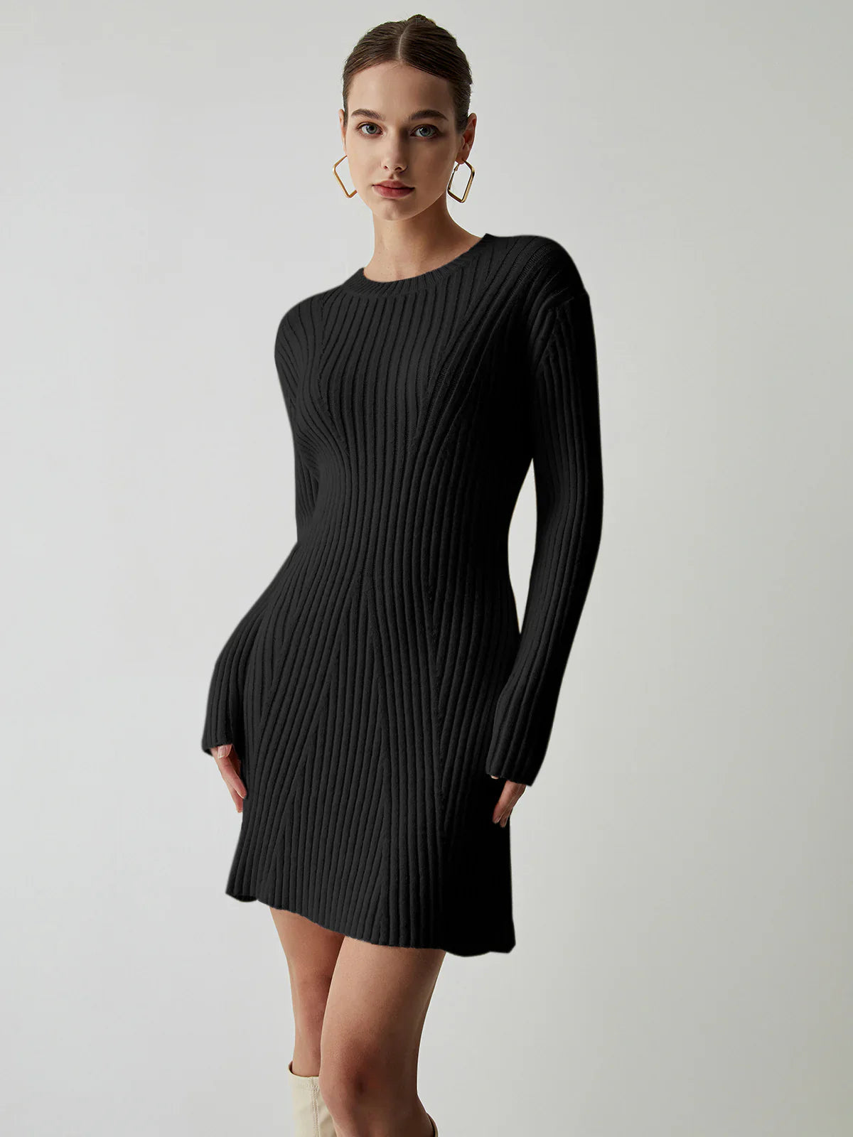 Rib Long Sleeve Short Sweater Dress