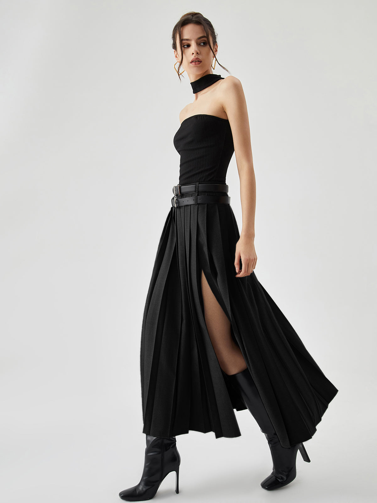 Pleated Split Maxi Skirt Without Belt