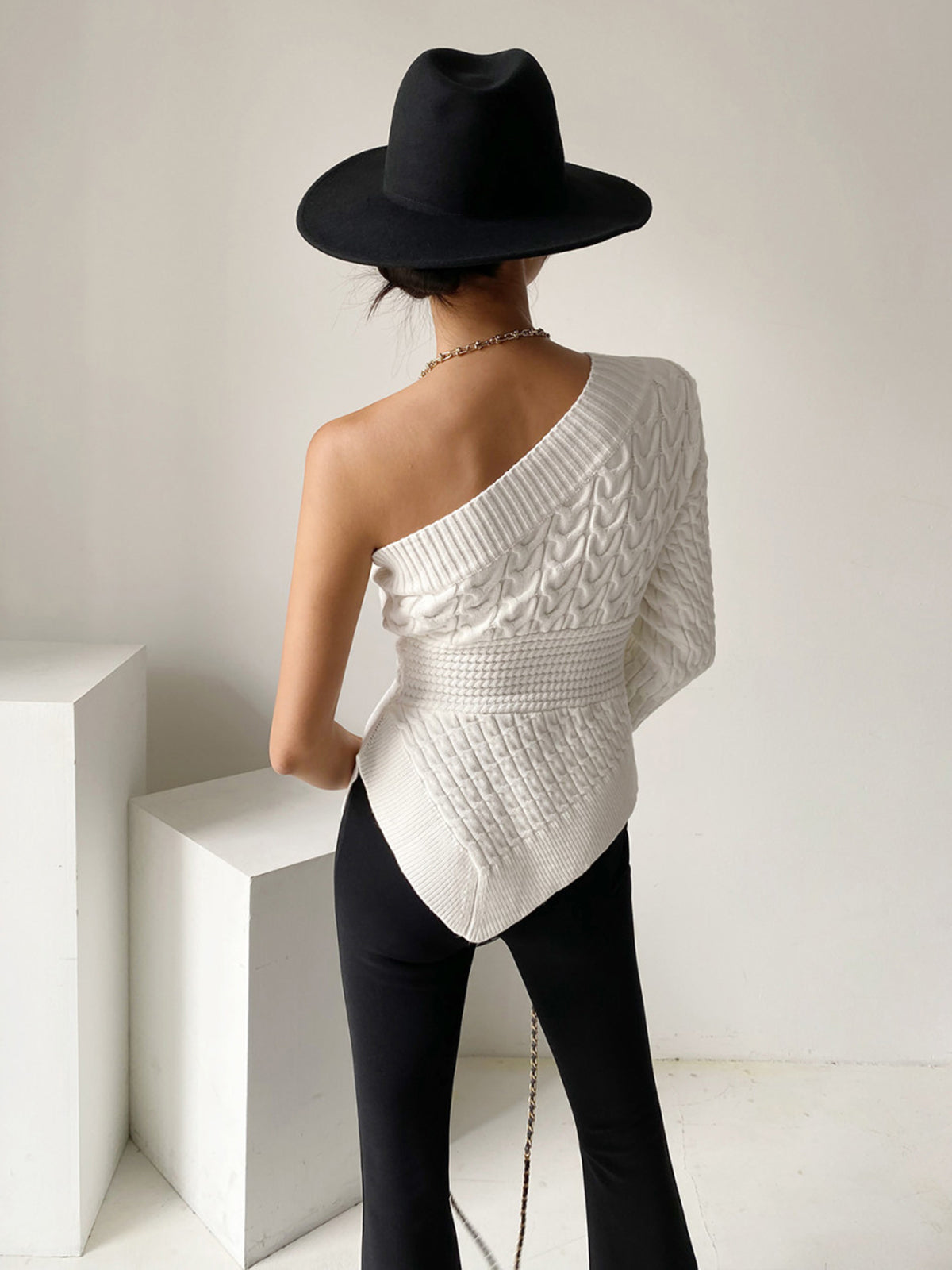 One Shoulder Asymmetrical Cable Sweater