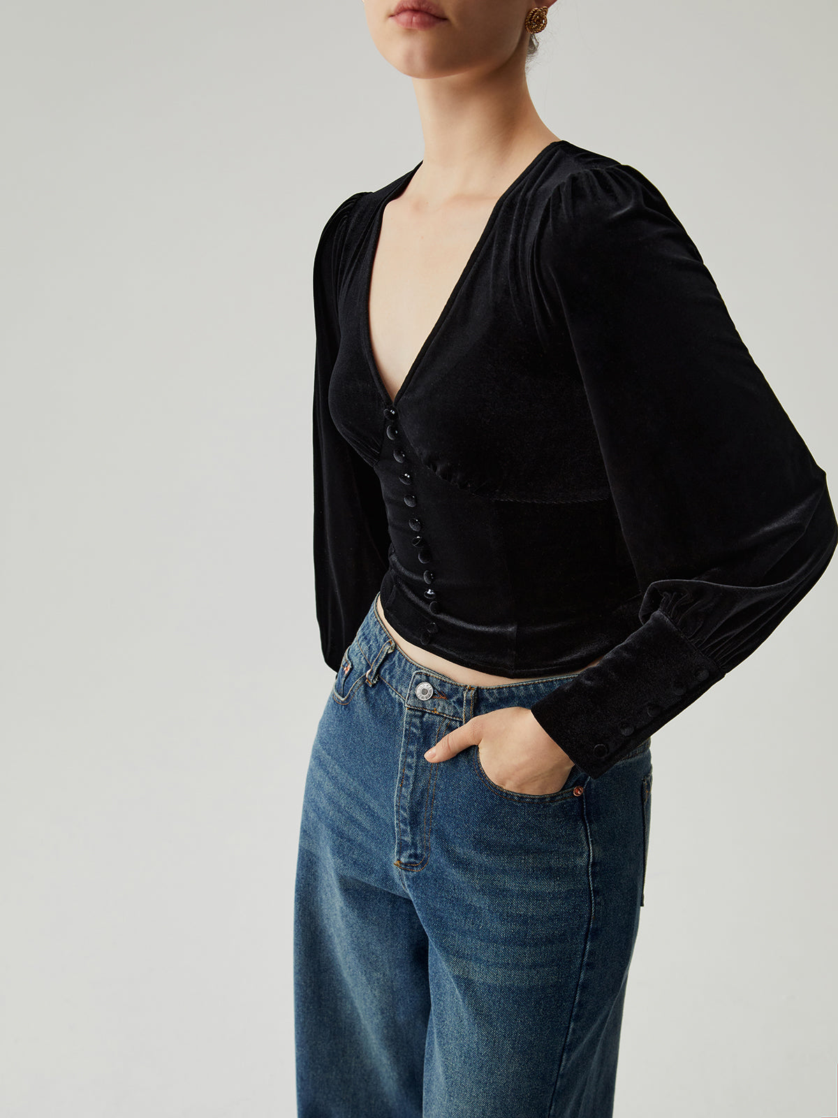 Velvet Buttoned V-neck Long Sleeve Crop Top