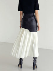 Asymmetric Patchwork Faux Leather Chiffon Pleated Midi Skirt