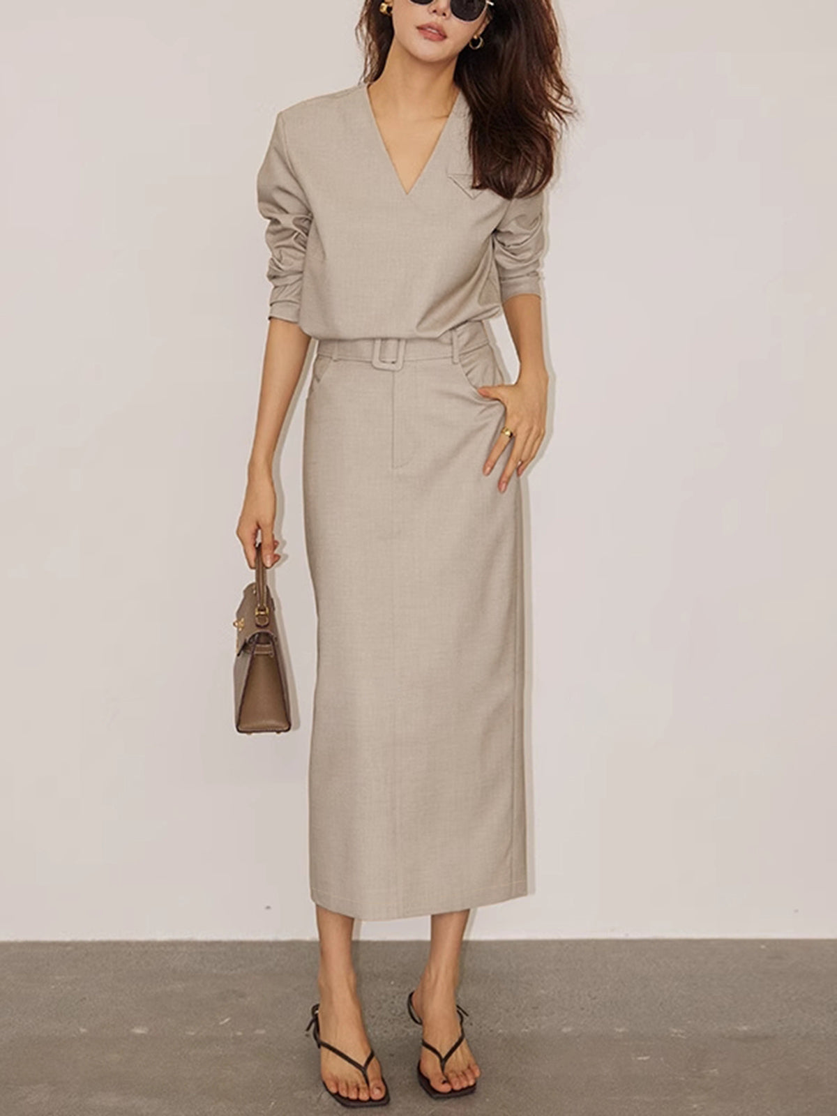 Solid V-neck Belted Two Piece Skirt Set