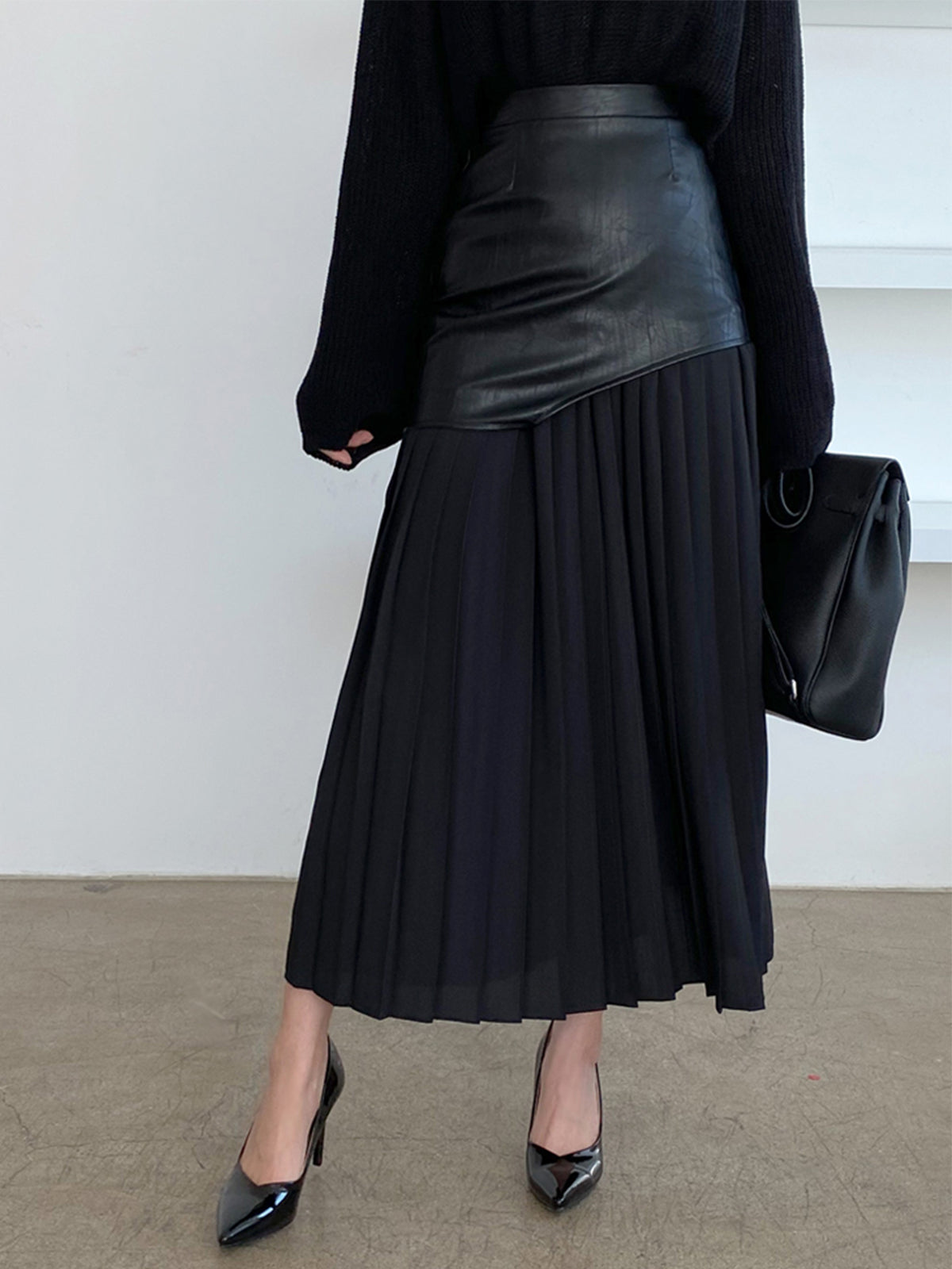 Asymmetric Patchwork Faux Leather Chiffon Pleated Midi Skirt