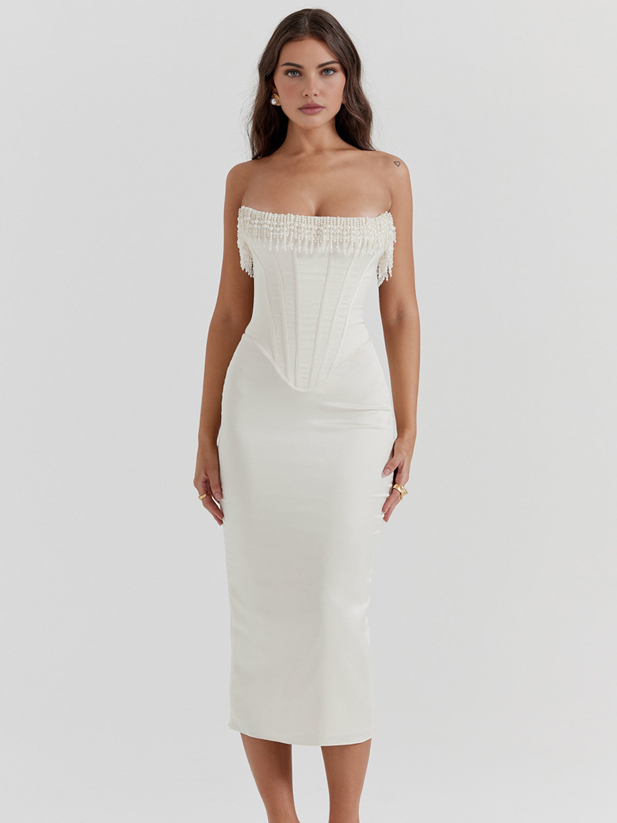 Pearl Decor Strapless Midi Dress