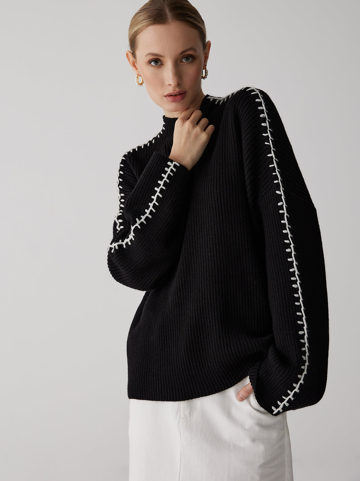 Mock Neck Contrast Knit Sweater