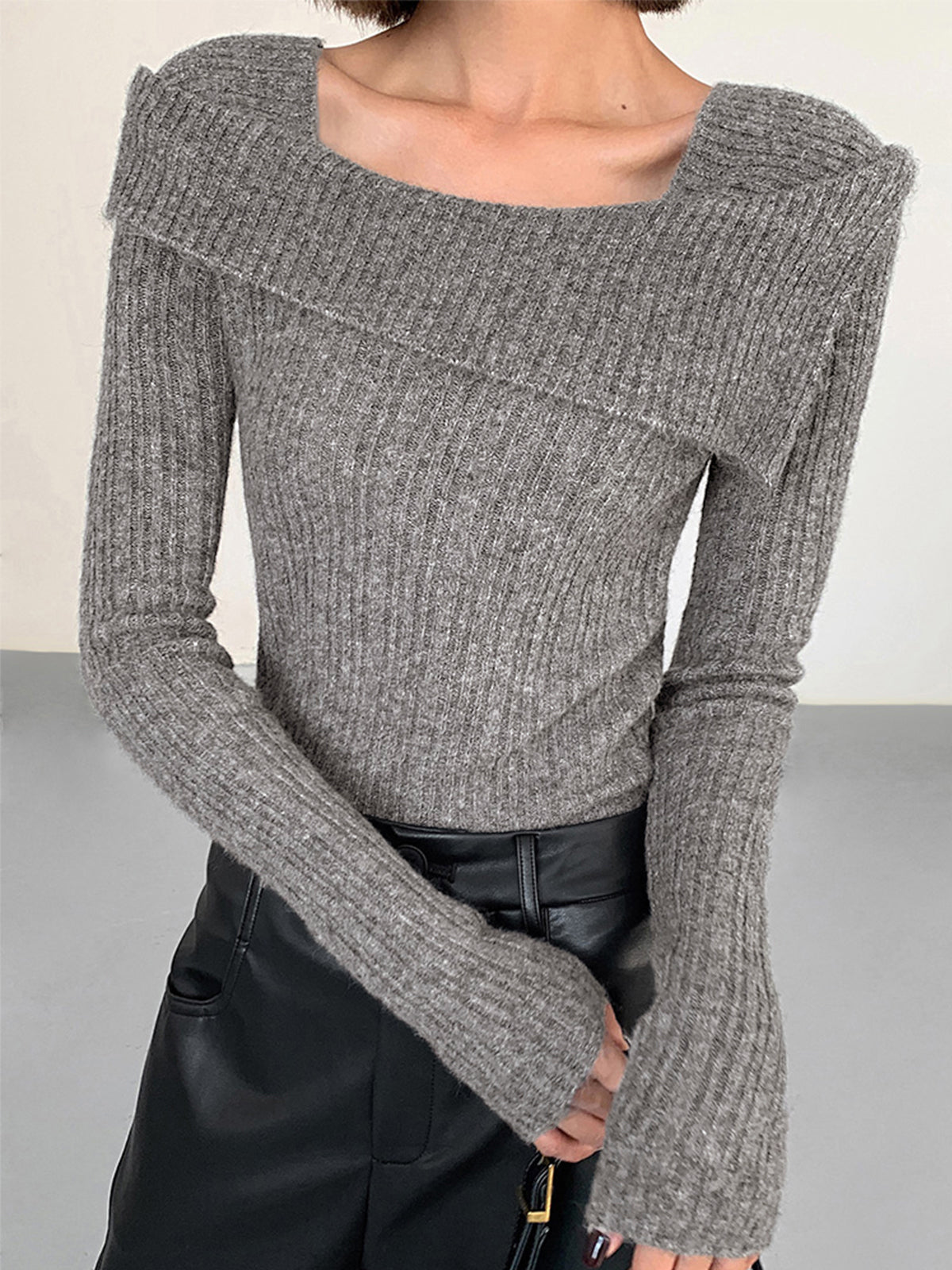 Asymmetric Overfold Square Neck Long Sleeve Knit Top