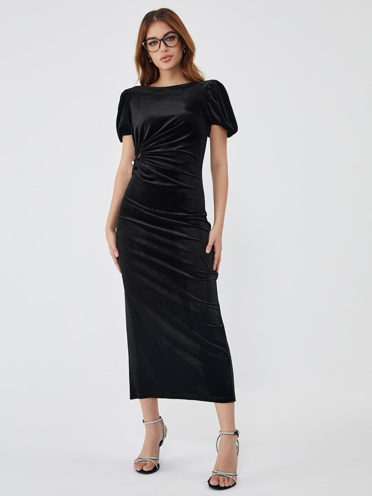 Cutout Pleated Waist Puff Sleeve Long Dress