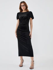 Cutout Pleated Waist Puff Sleeve Long Dress