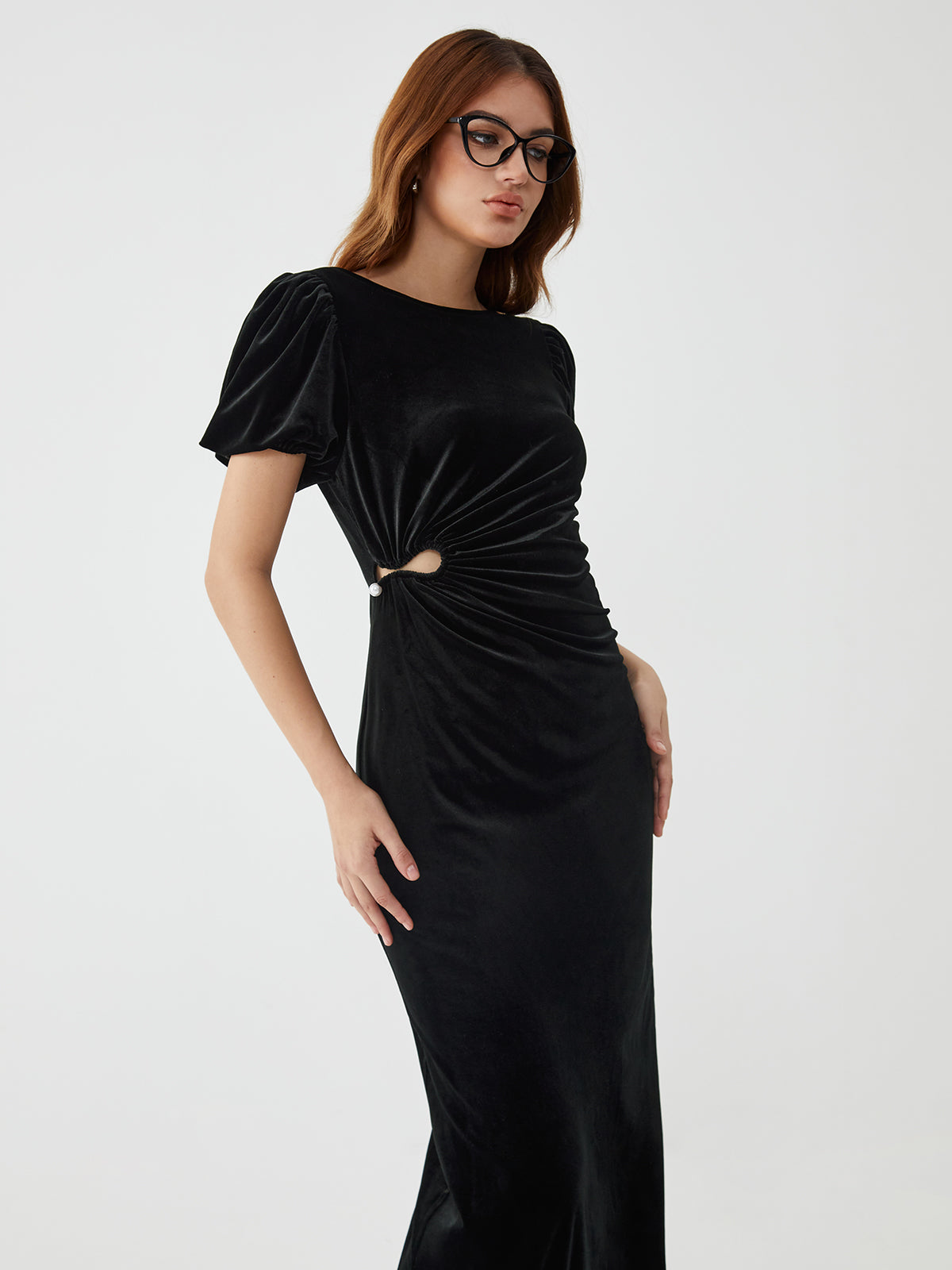 Cutout Pleated Waist Puff Sleeve Long Dress