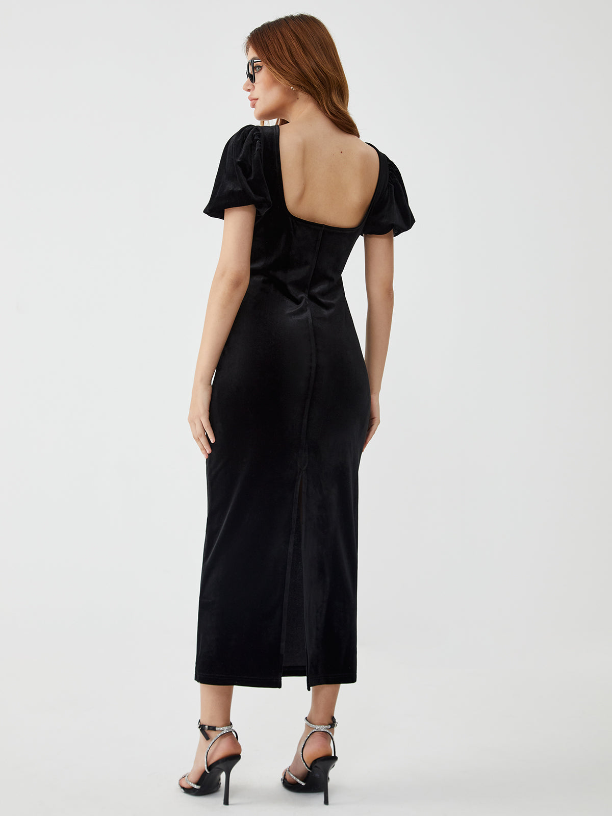 Cutout Pleated Waist Puff Sleeve Long Dress