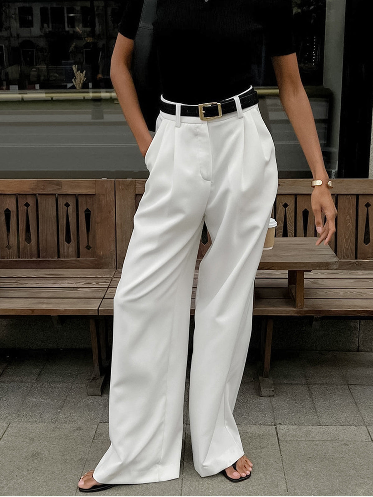 Solid Wide Leg Pants Without Belt