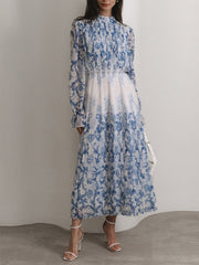 Plant Pattern Printed Pleated Long Dress