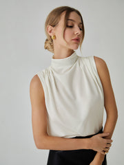 Pleated High Neck Sleeveless Blouse