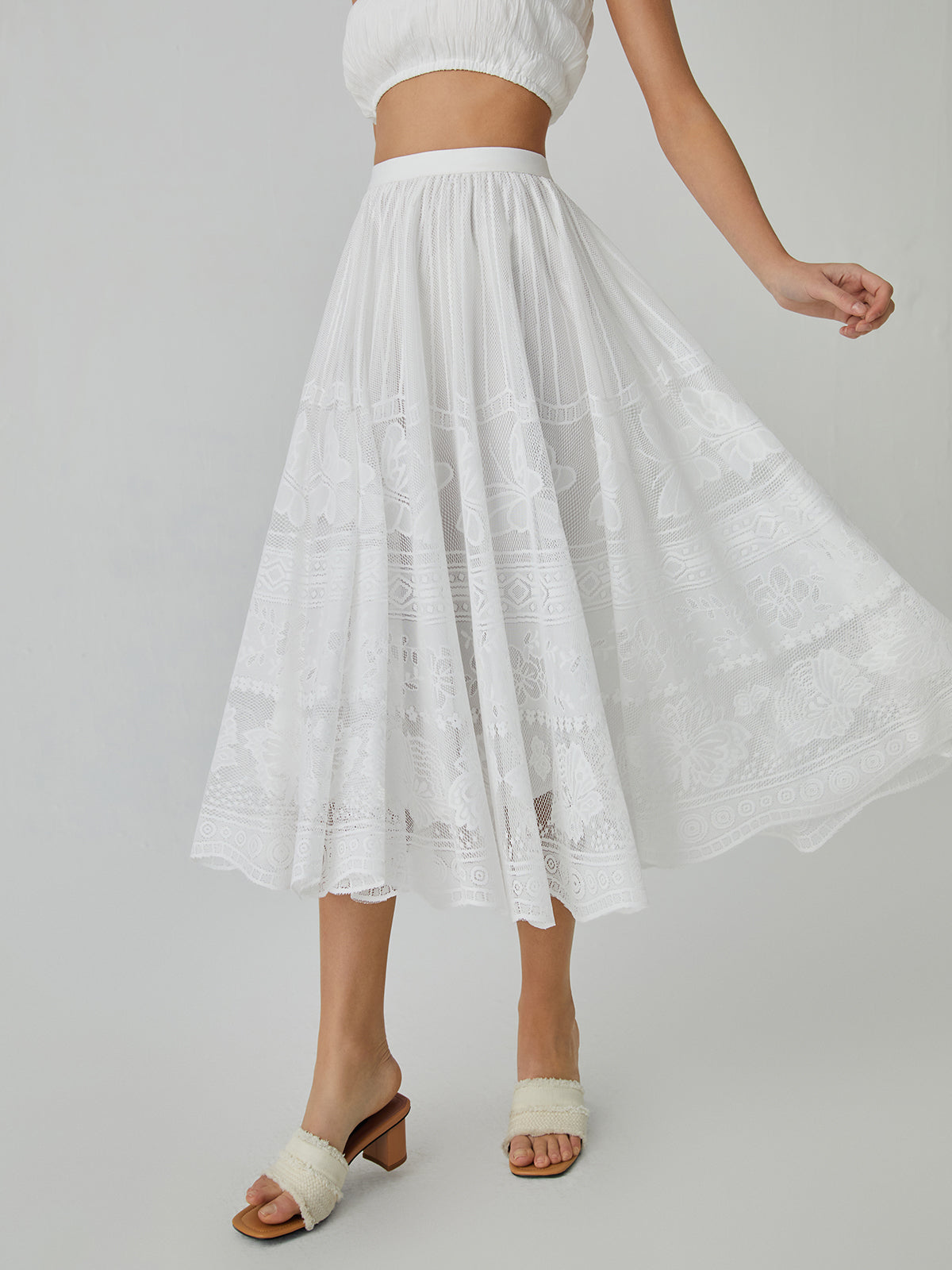 Butterfly Pattern Eyelet Midi Skirt