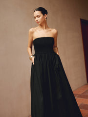 Cotton & Linen Pleat Strapless Long Dress