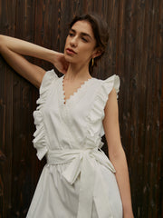 Elegant Ruffle Trim Belted Long Dress