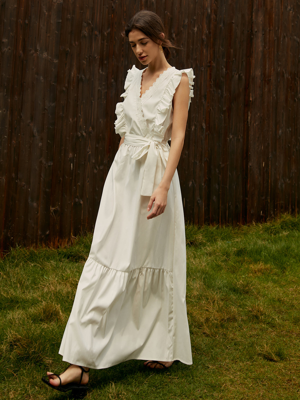 Elegant Ruffle Trim Belted Long Dress