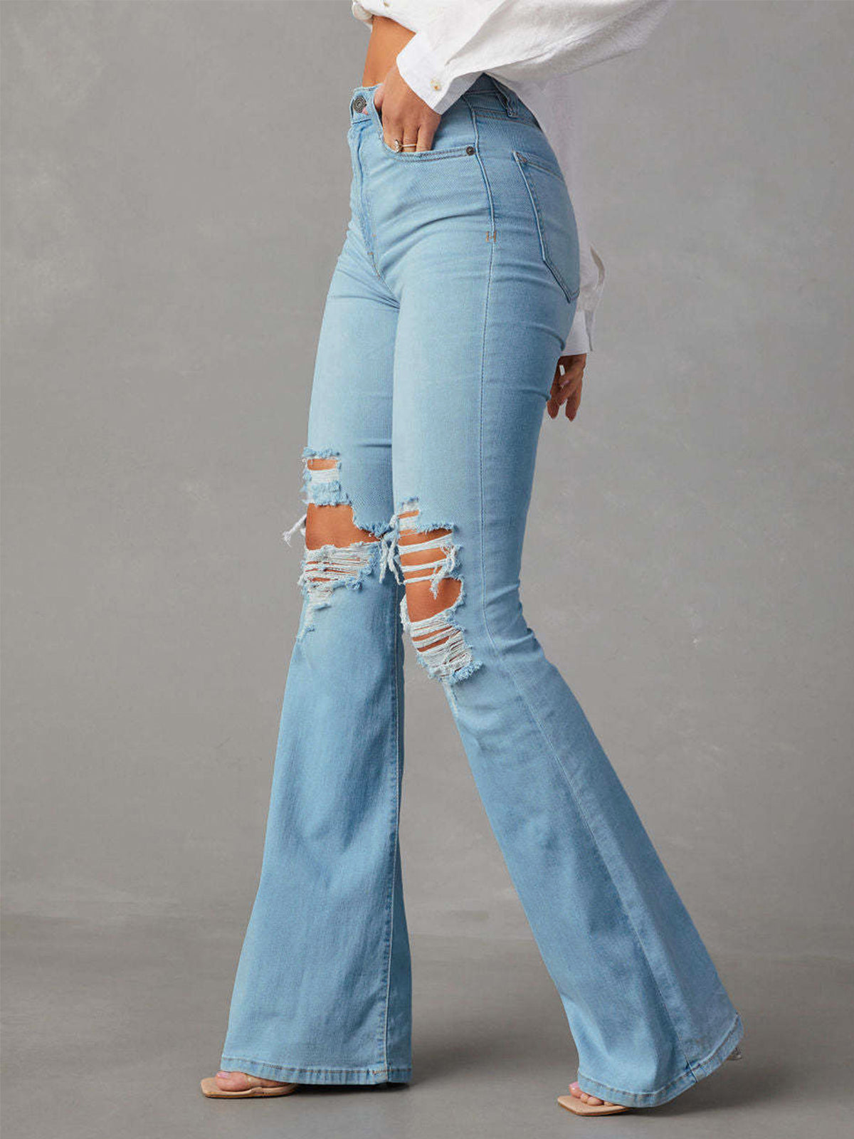 Ripped Denim Flare Jeans