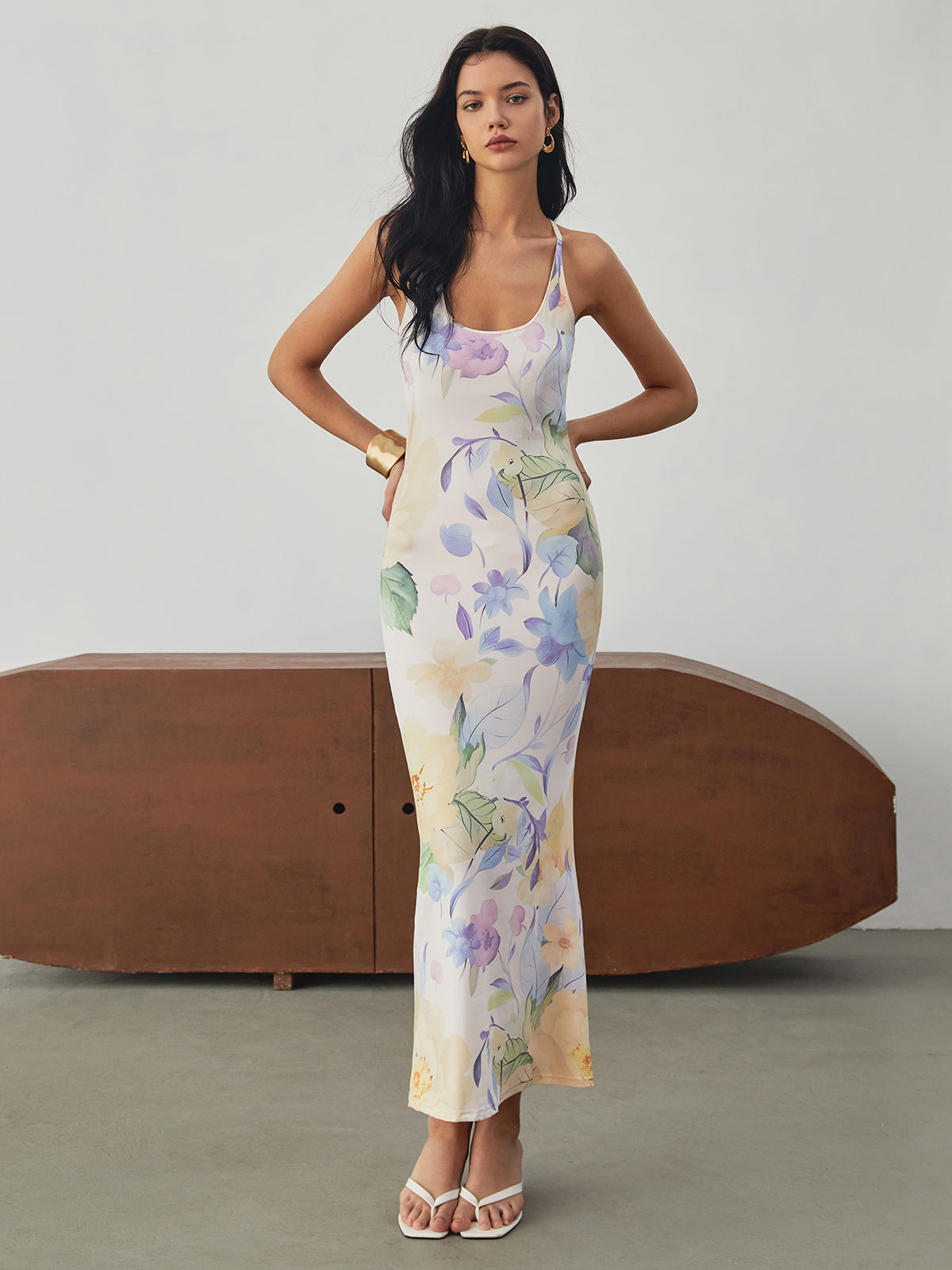 Multi Floral Print Backless Long Dress