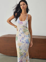 Multi Floral Print Backless Long Dress