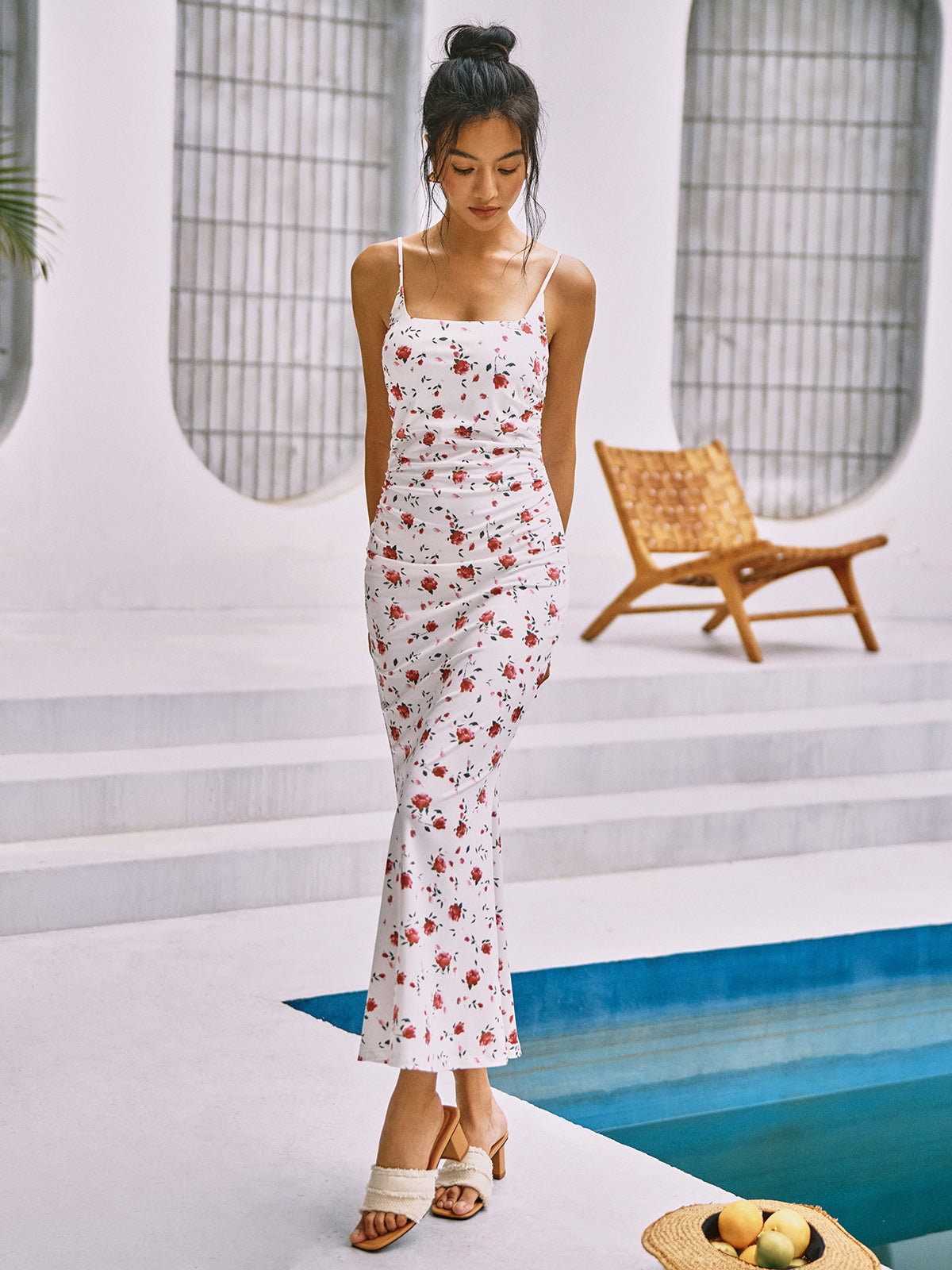 Roses Blooming Floral Print Cami Long Dress