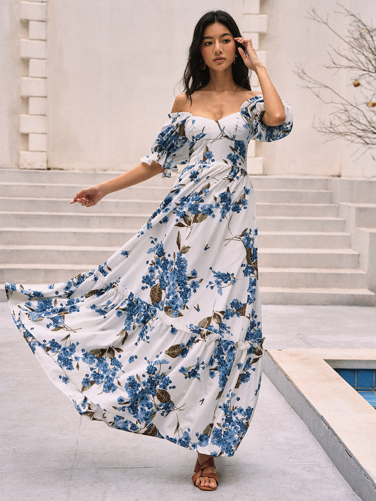 Floral Print Puff Sleeve Long Dress