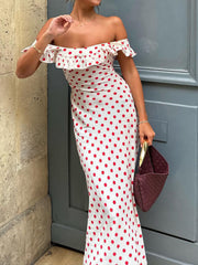 Sweetie Polka Dot Ruffle Hem Off-Shoulder Long Dress