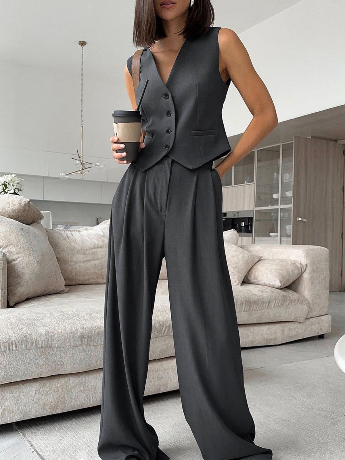 Solid V-Neck Waistcoat With Wide Leg Pants Set