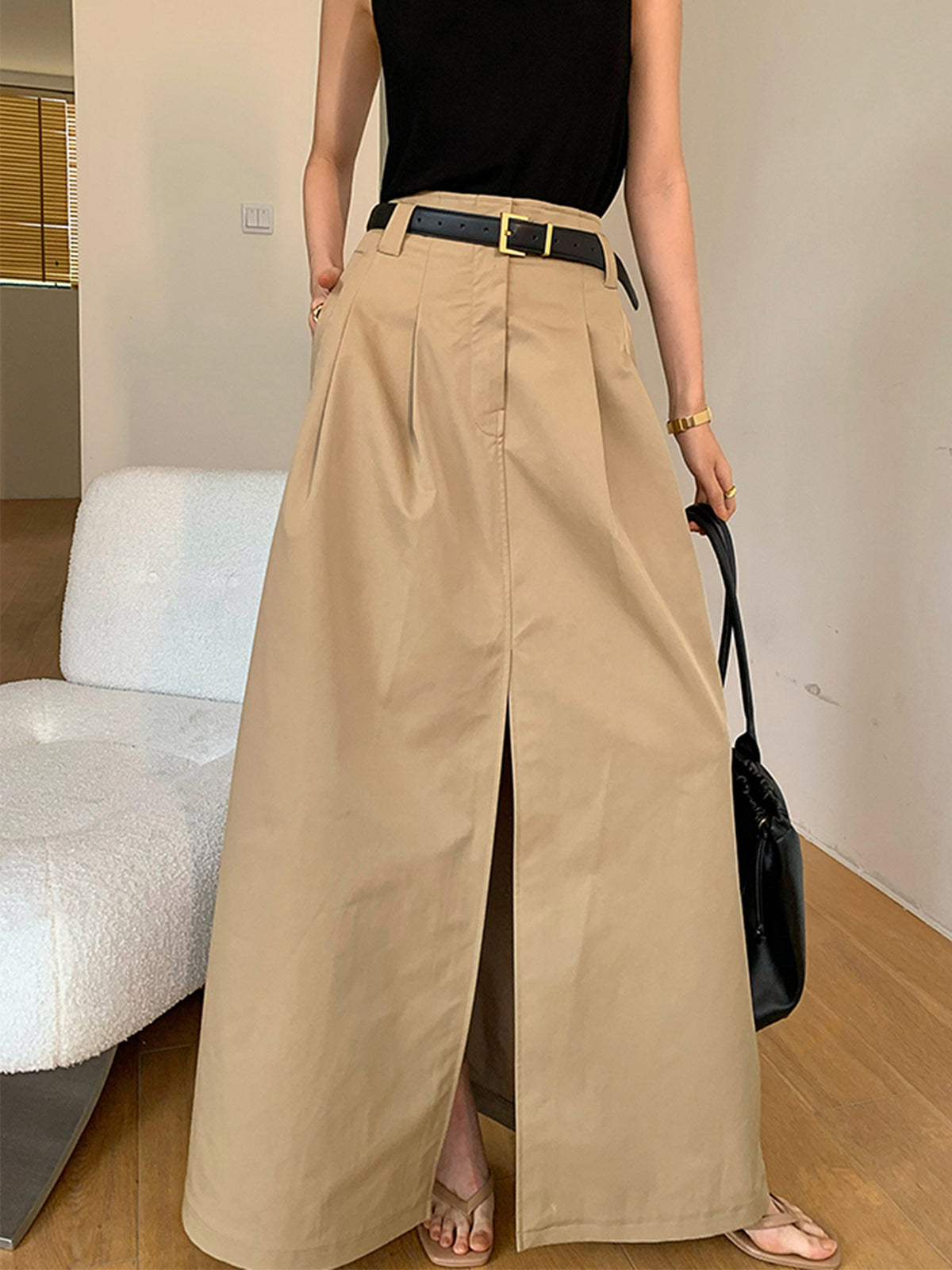 Oversized Cotton Split Maxi Skirt Without Belt