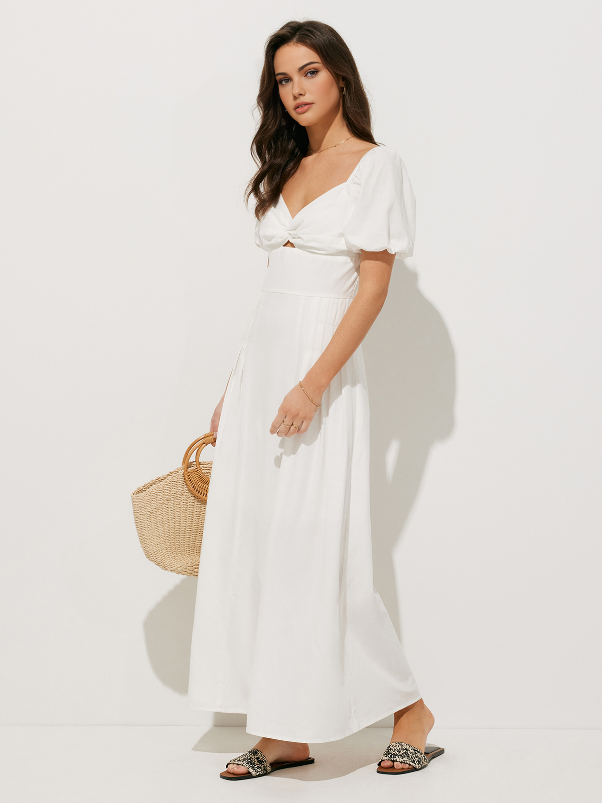 Twist Detail Puff Sleeve Cutout Long Dress