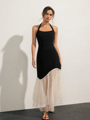 Tulle-Hem Slim Halter Long Dress