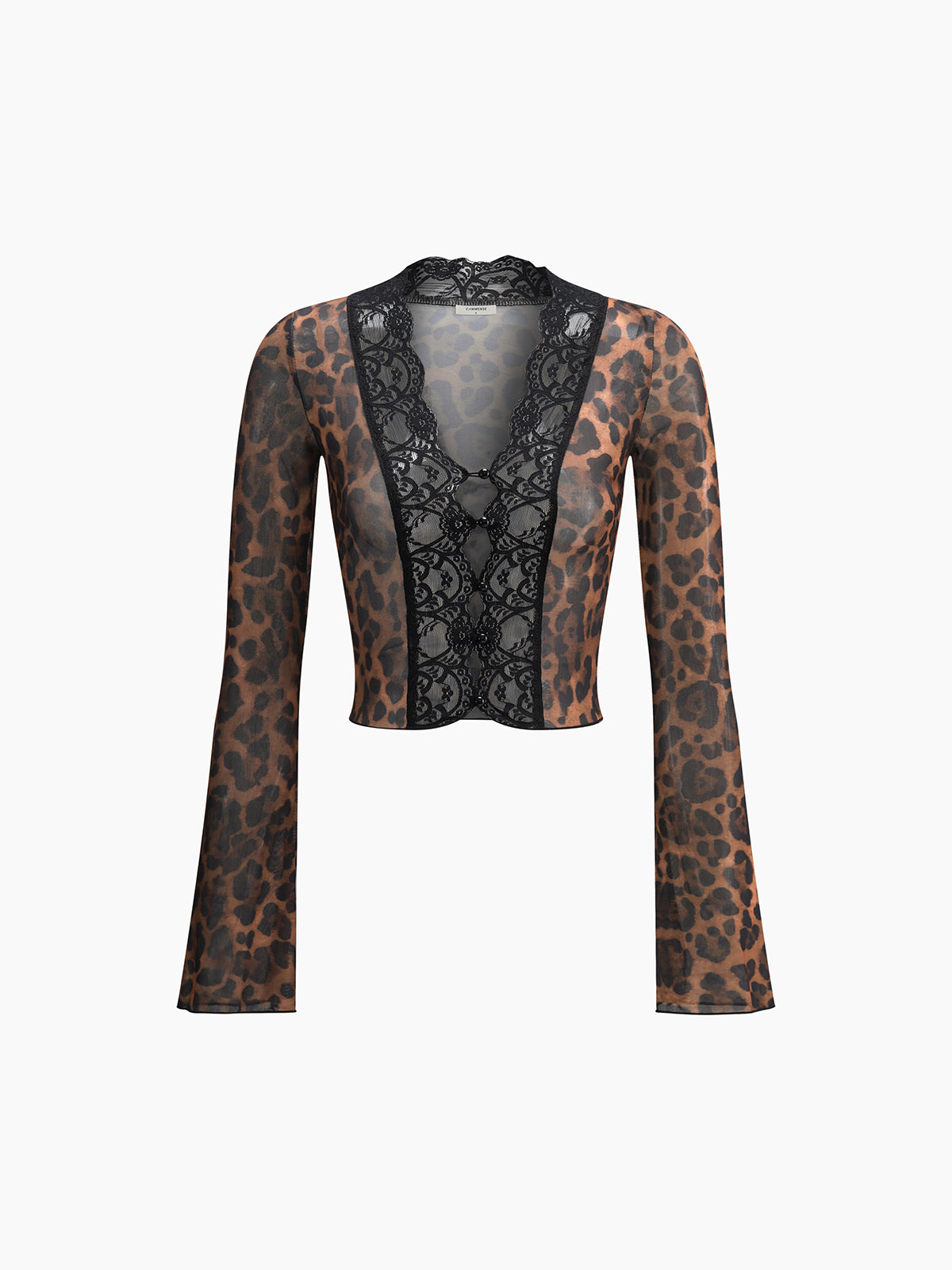 Leopard Print Long Sleeve Lace Trim Blouse