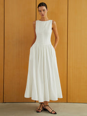 Button-Front Sleeveless Pockets Long Dress