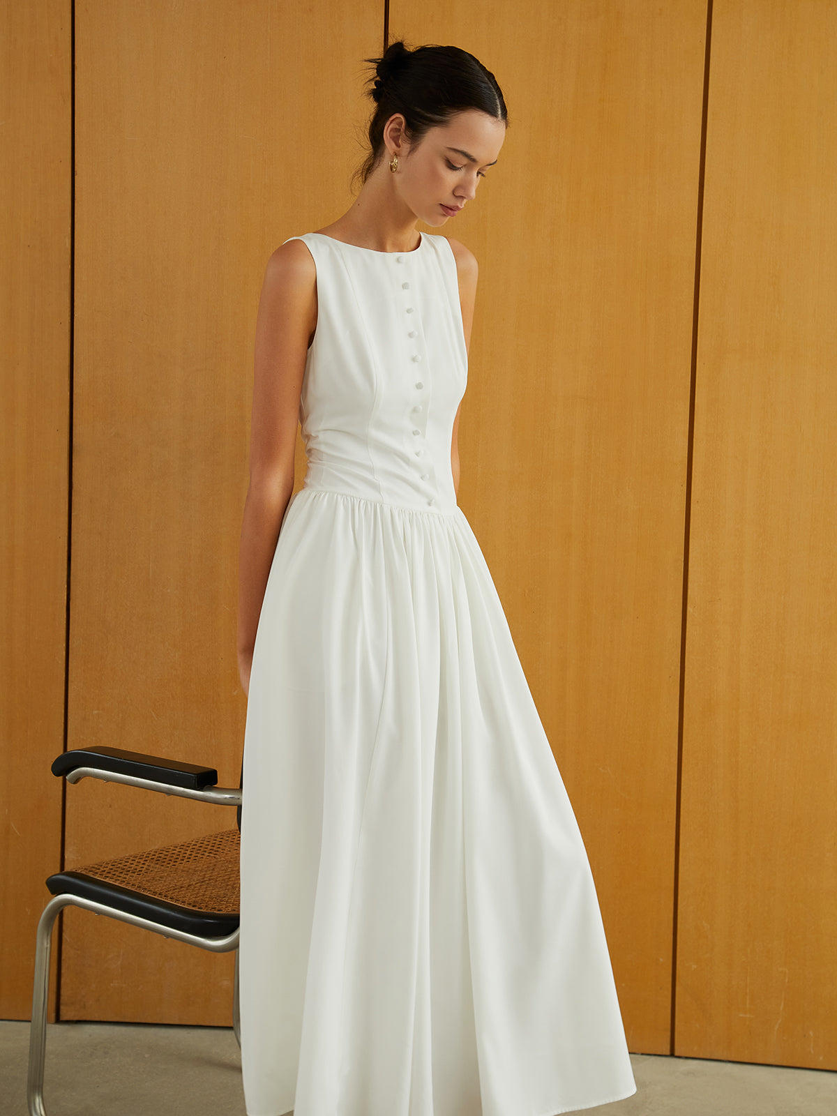 Button-Front Sleeveless Pockets Long Dress