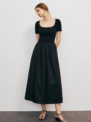 Solid Round Neck Pleated Midi Dress