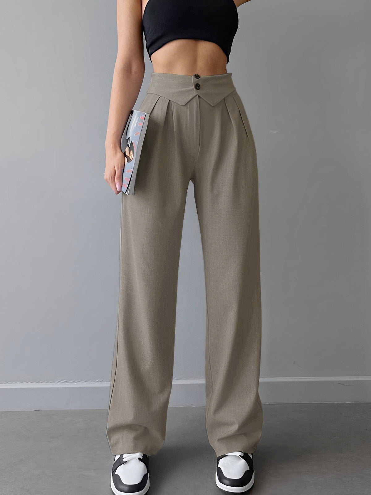 Street Fold Over Waistband Straight Leg Dress Pants