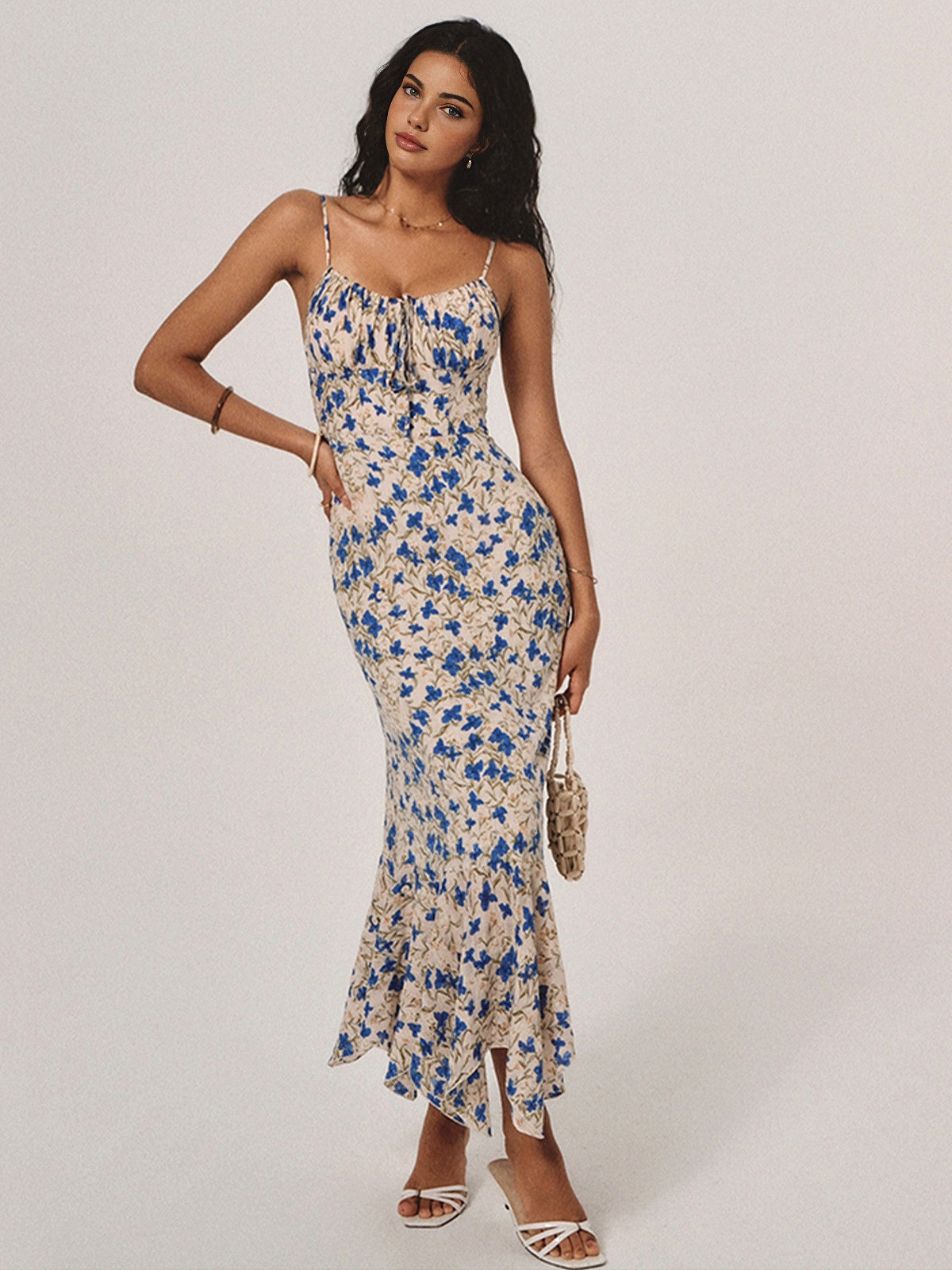 Floral Print Knotted Irregular Hem Long Dress