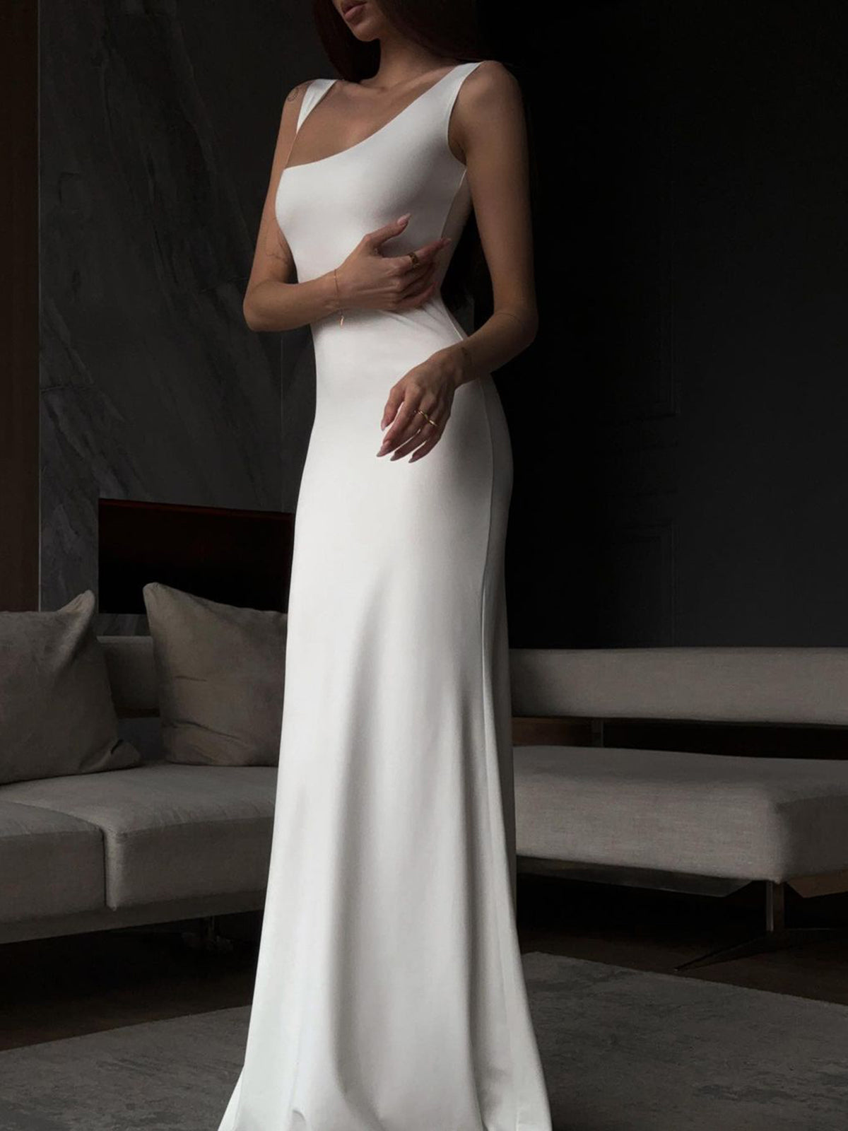 Asymmetrical Neck Snug Long Dress