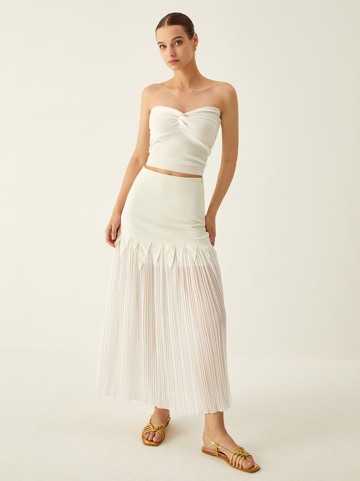 Sheer Pleated Midi Skirt