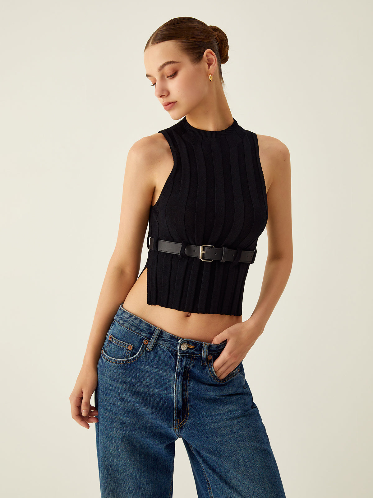 Ribbed Mock Neck Tank Top With Leather Belt