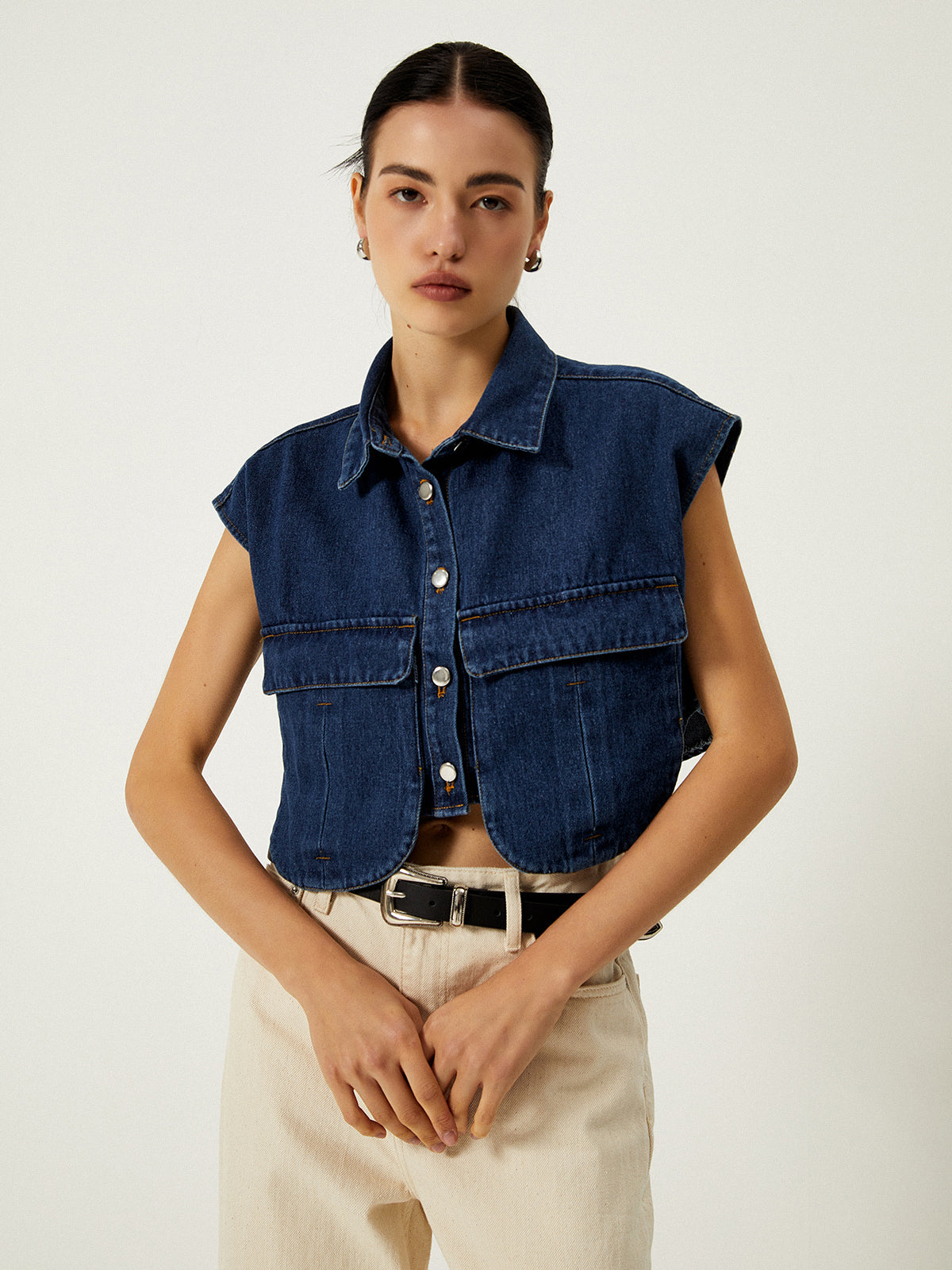 Denim Pockets Turn Down Collar Vest