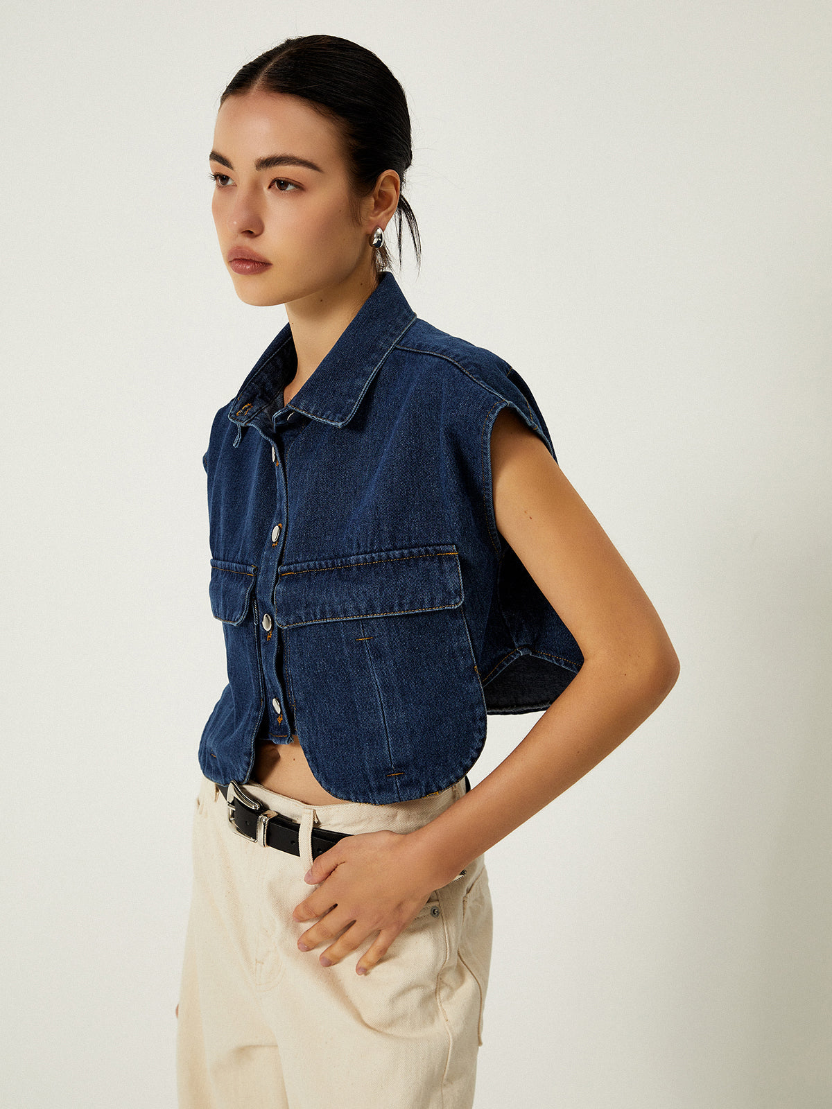 Denim Pockets Turn Down Collar Vest