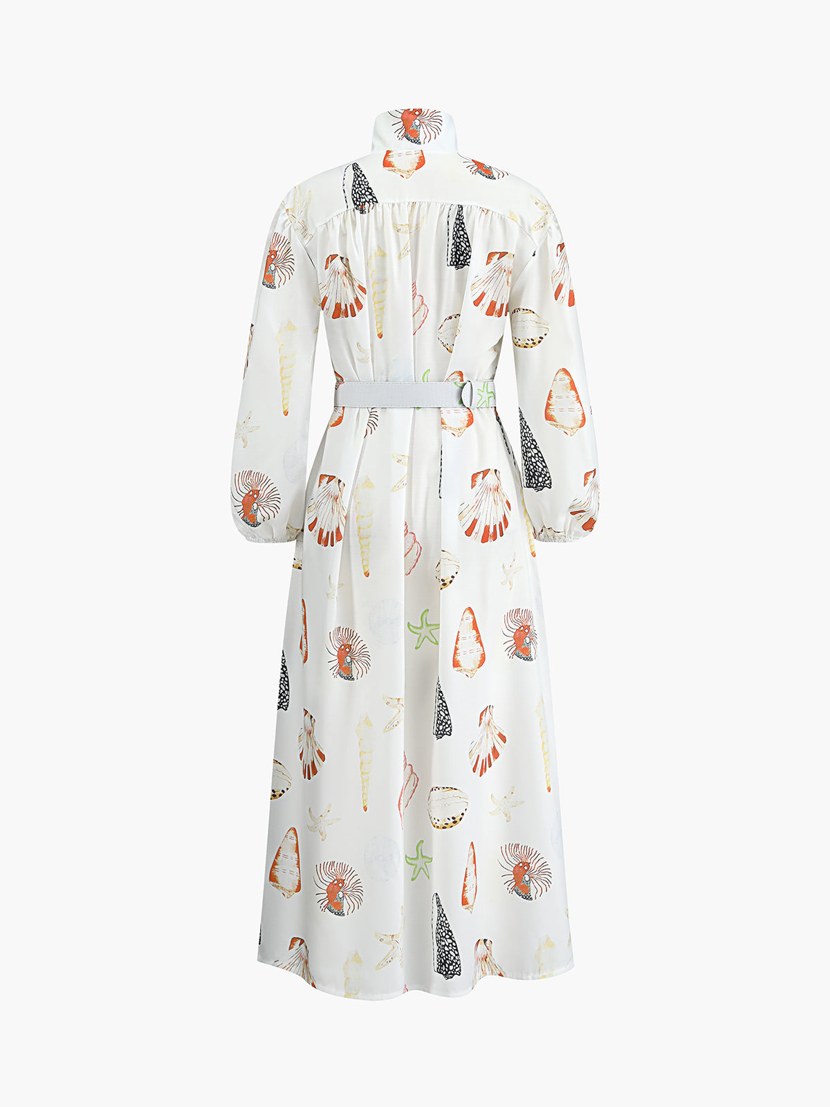 Marine Life Print Button-Front Belted Long Dress