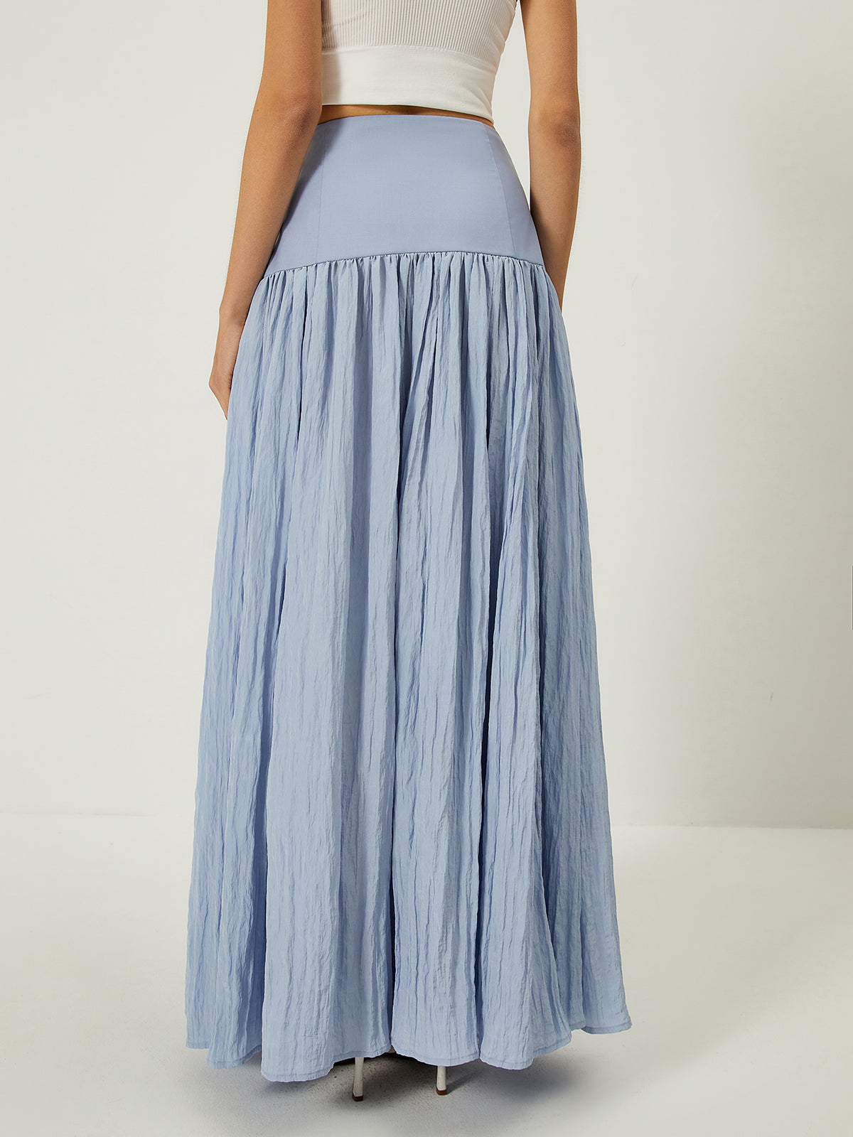 Solid High-Waisted Ruffle Pleated Maxi Skirt