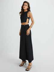 Plain Button Detail Top With Split Maxi Skirt Set